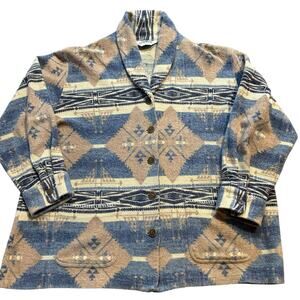 Vintage Orvis Aztec Southwestern Shawl Collar Shacket Women's XL Blue & Tan